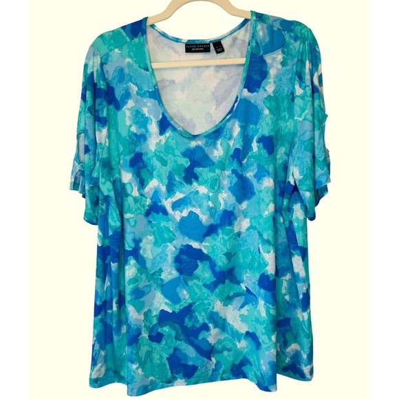 Susan Graver Size XL Stretch Knit Blue Watercolor Print Short Sleeve Top - Picture 1 of 6